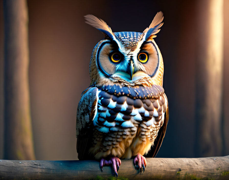 Colorful Owl Perched on Wooden Beam with Intricate Feathers