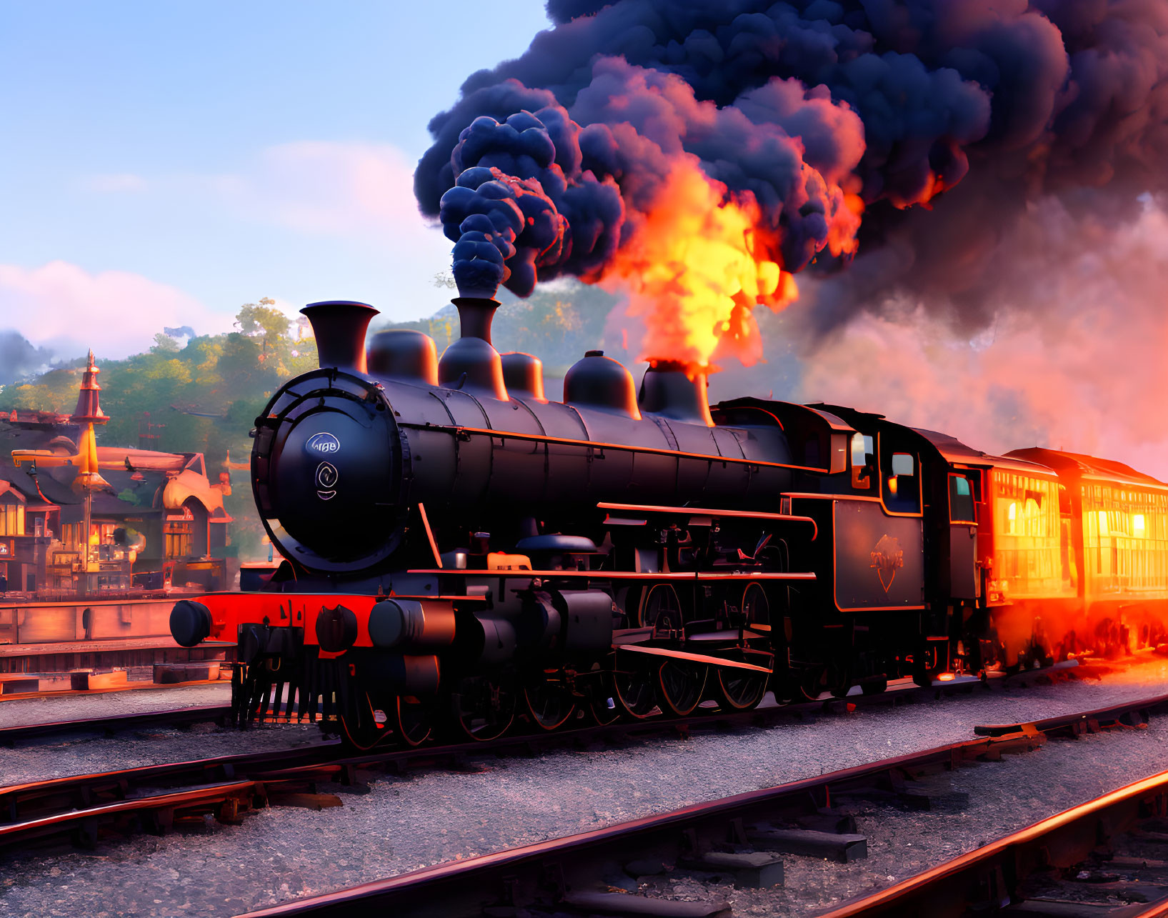 Vintage steam locomotive pulling carriages at sunset on rail track