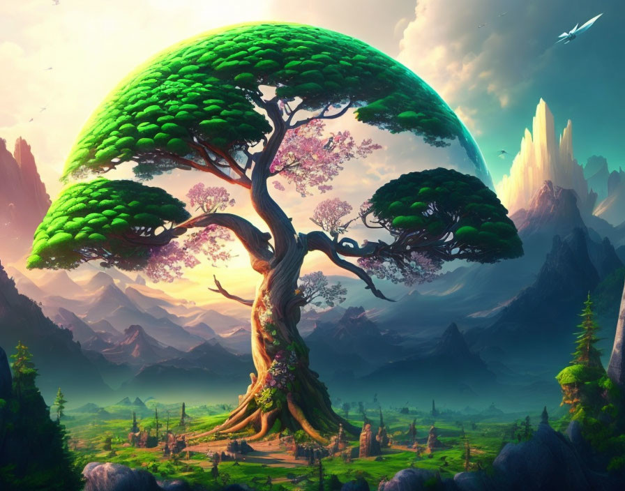 Majestic colossal tree with pink blossoms in fantastical landscape