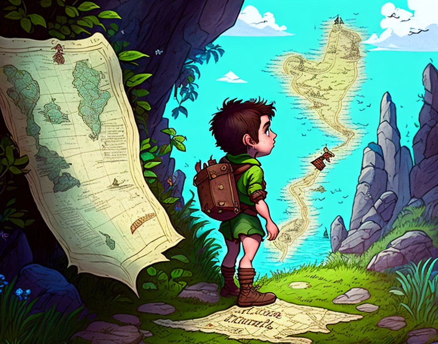 Young adventurer with backpack gazes at glowing map and ethereal ship among towering rocks