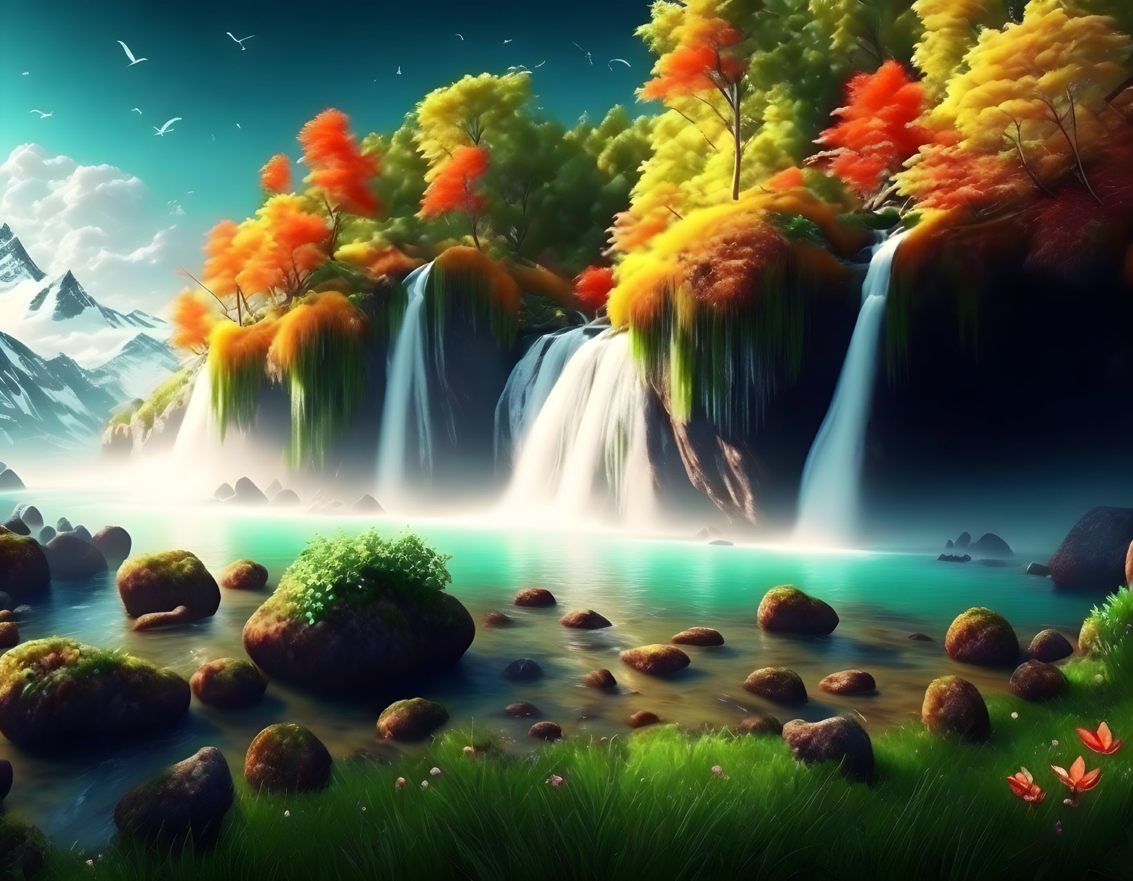 Tranquil autumn landscape with waterfalls, lake, and vibrant trees