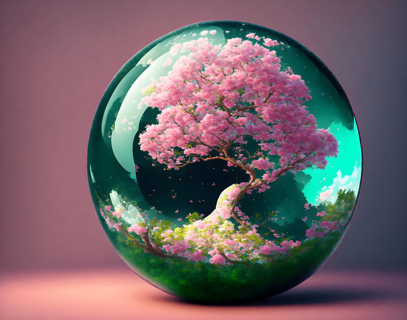 Glass marble with cherry blossom tree on soft purple and pink background