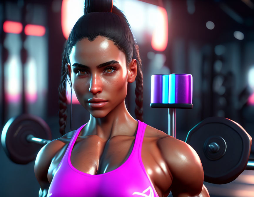 Determined woman with dark hair lifting dumbbells in neon-lit gym