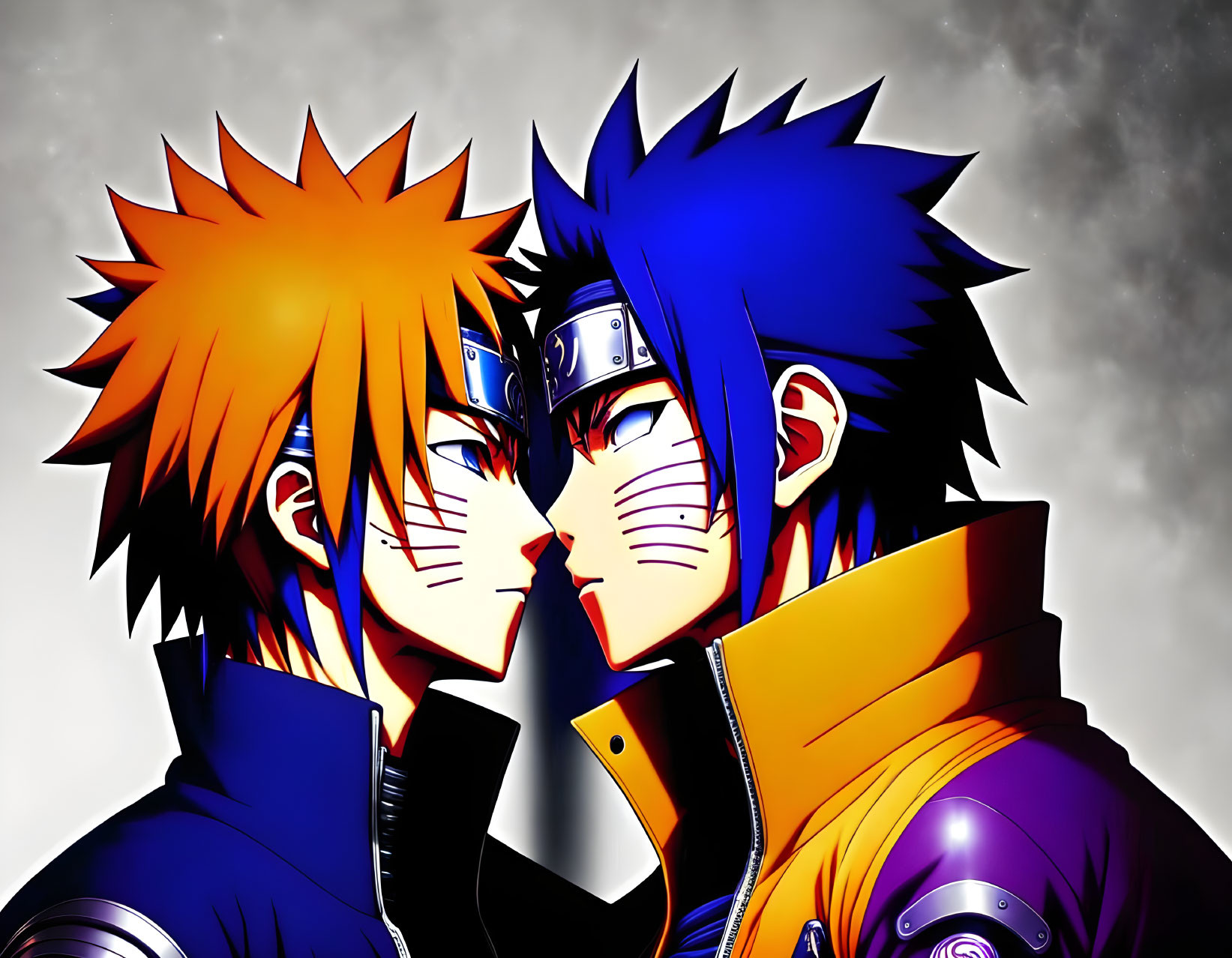 Animated ninja characters with spiky hair in orange and blue face off under a cloudy sky