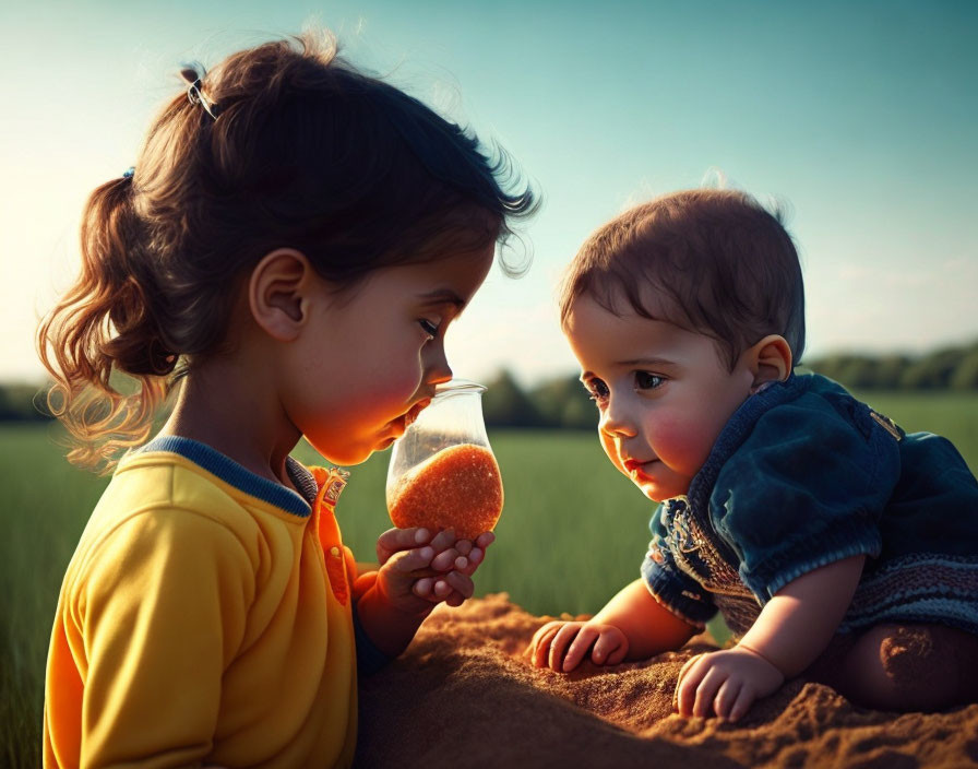 Young girl and baby with jar of glitter in sunlit field