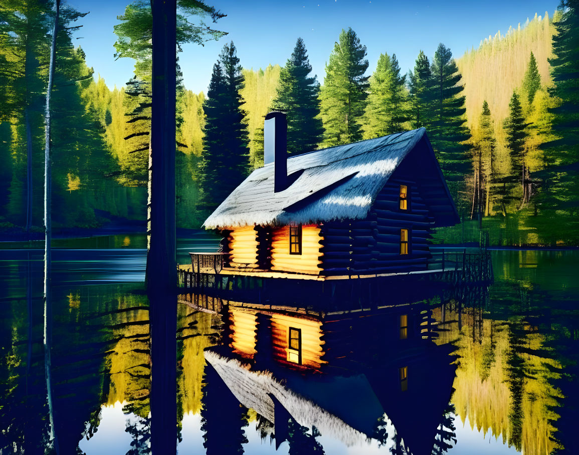 Tranquil lake view of cozy log cabin in pine forest at twilight