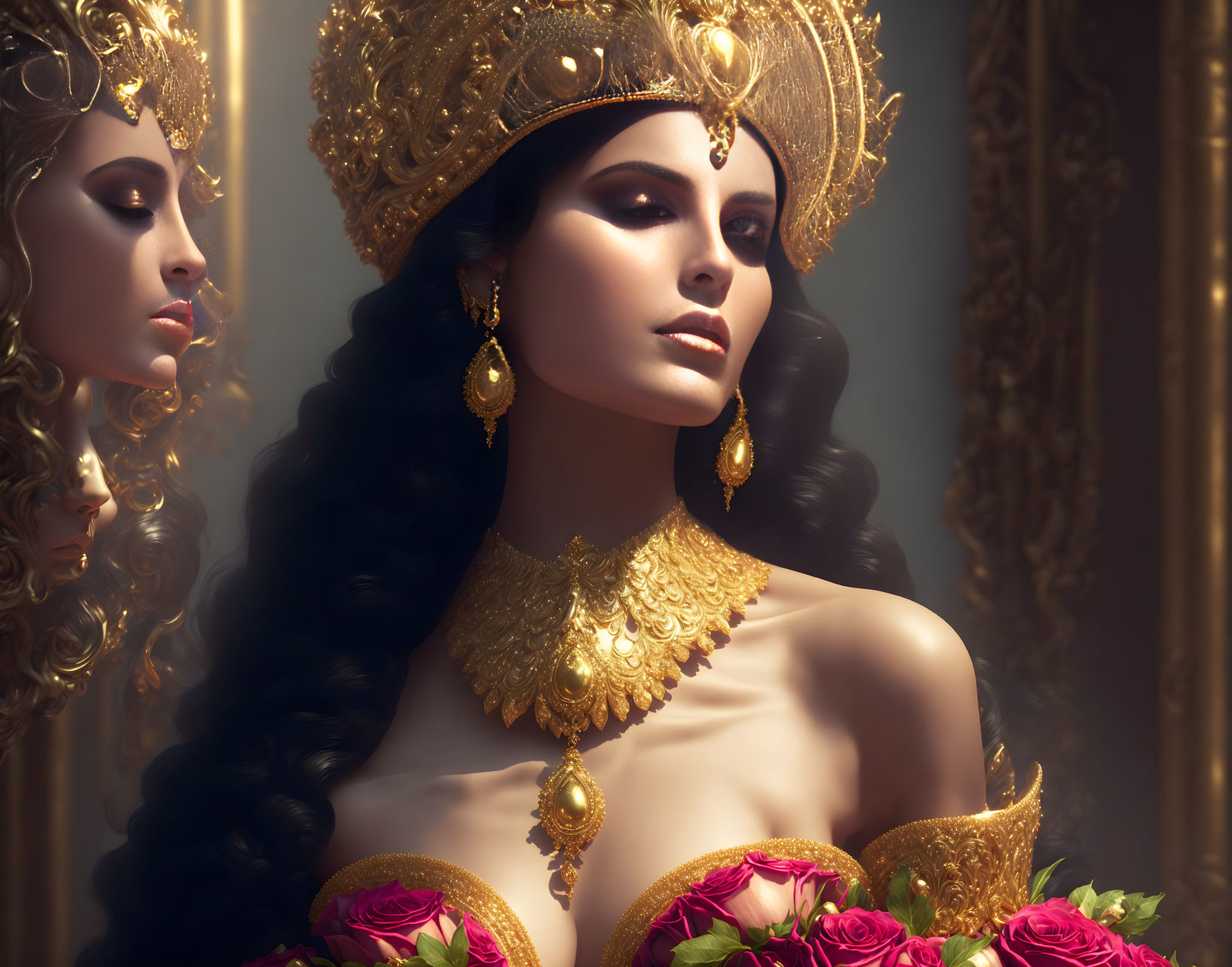 Regal woman adorned with crown and jewelry among roses