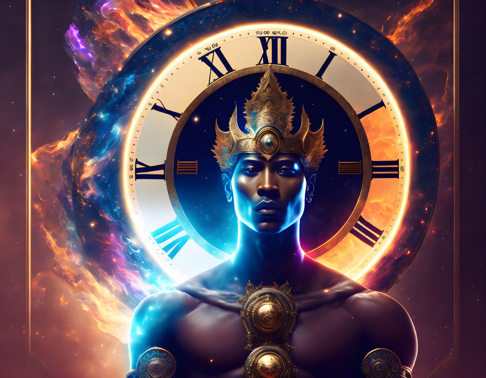 Elaborate Headgear Portrait with Cosmic Clock