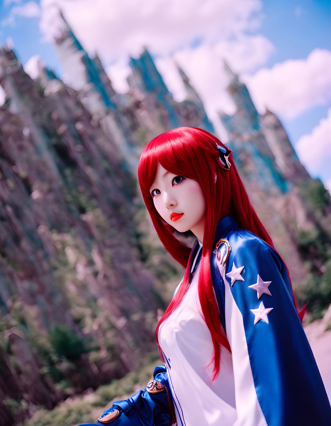 Cosplayer in Blue & White Star Costume with Long Red Hair, Posing in Natural Rock Formation Setting