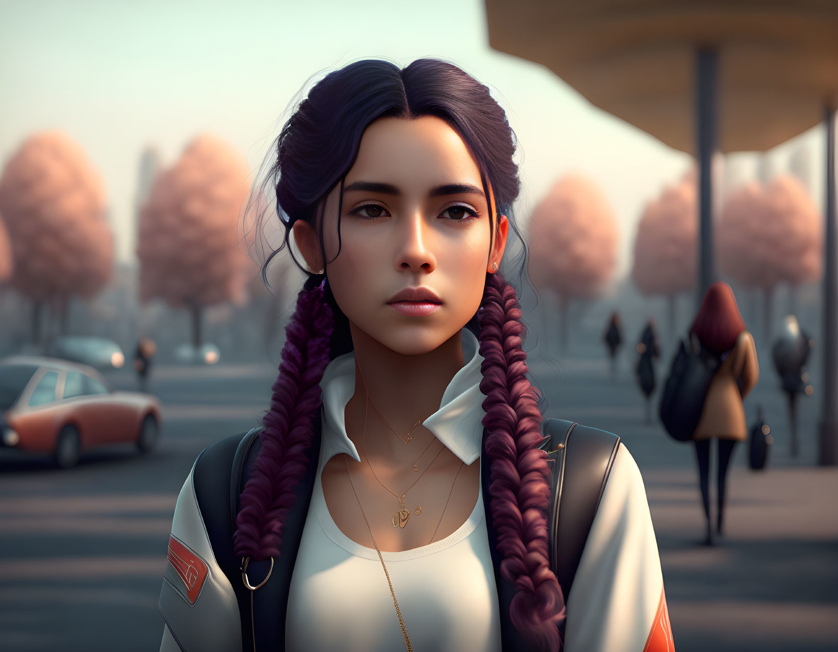 Digital artwork: Young woman with purple braided hair and earphones, white jacket, in autumn street