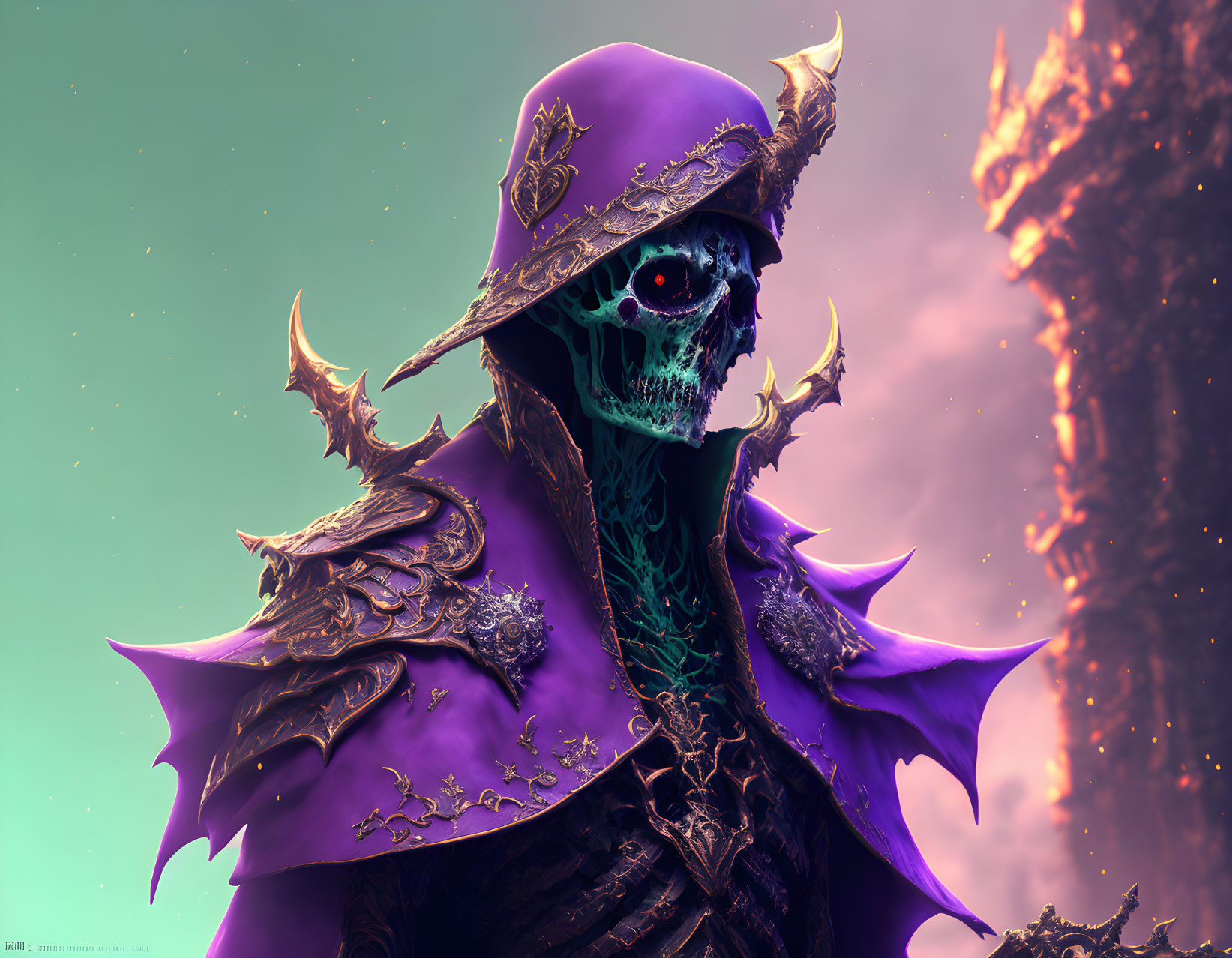 Sinister Skeleton in Purple Robe with Fiery Eruption