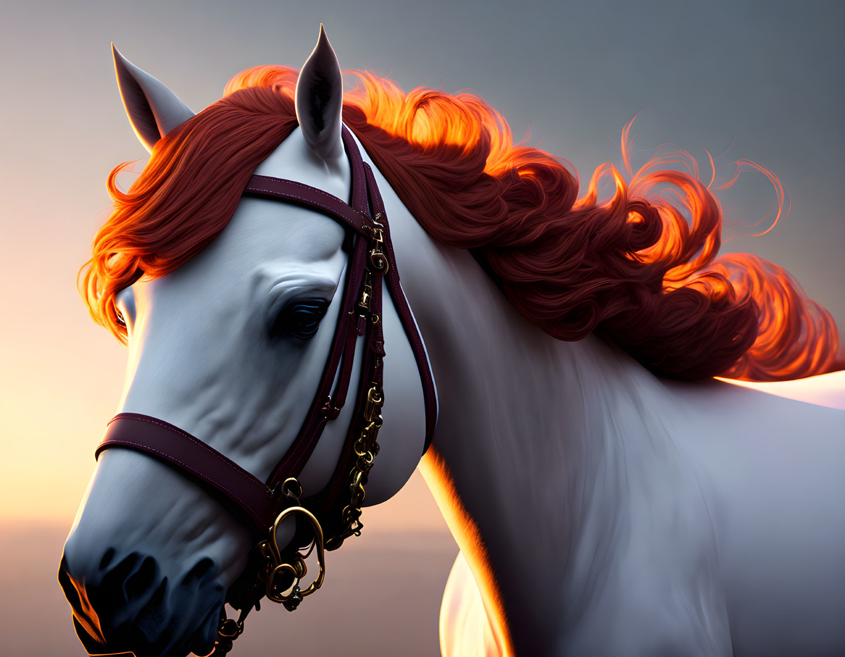 White Horse with Red Mane and Bridle on Warm Background