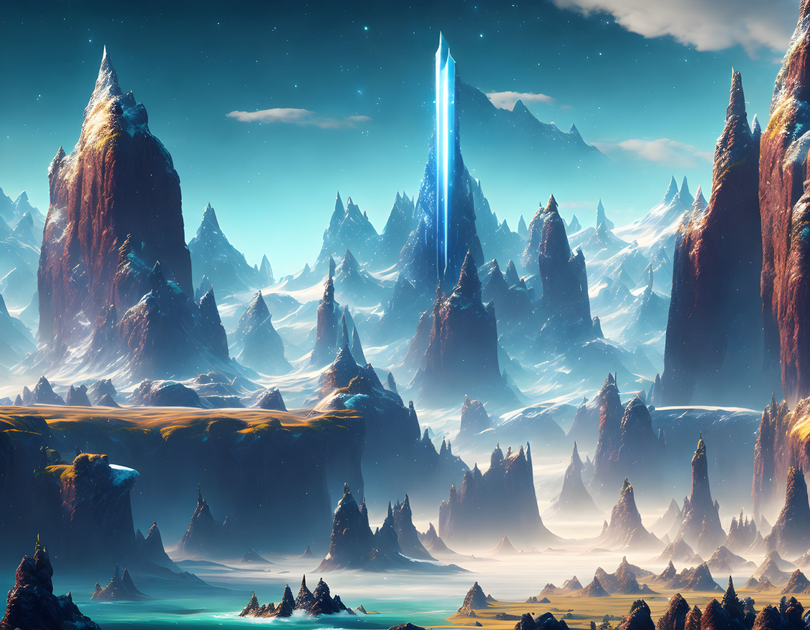 Majestic rock spires and crystal structure in a dreamy landscape