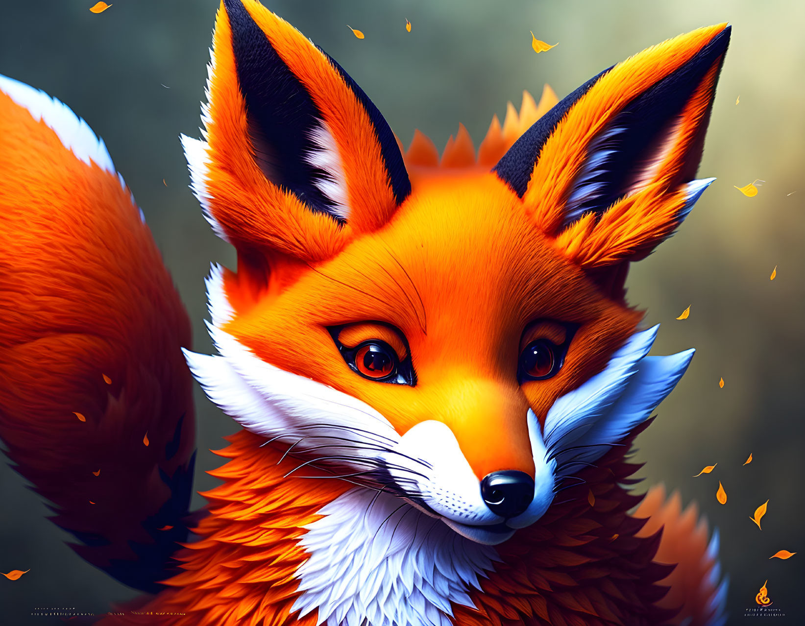 Vivid digital art: Close-up of animated red fox with bright orange fur and piercing eyes amid falling