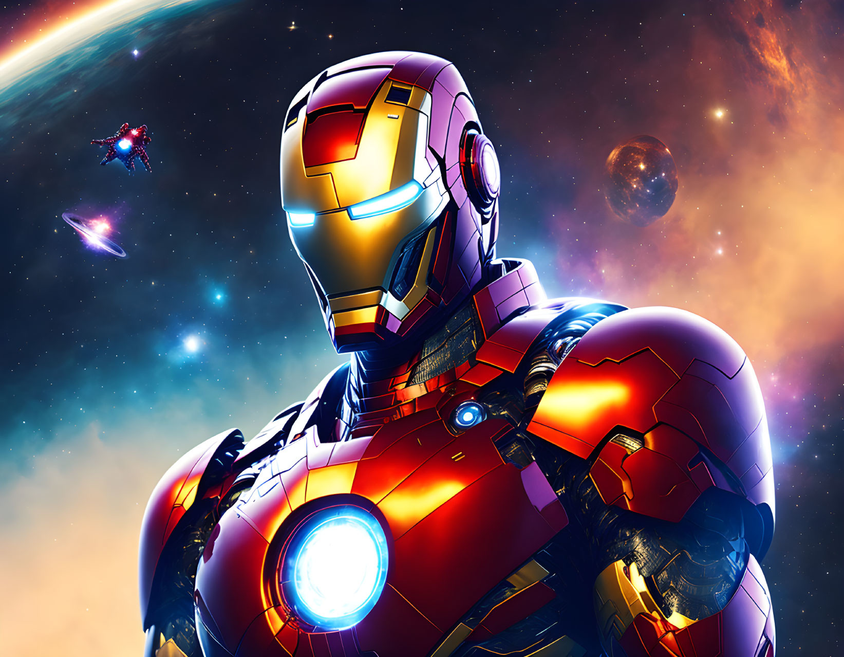 Red and Gold Iron Man Armor in Cosmic Scene