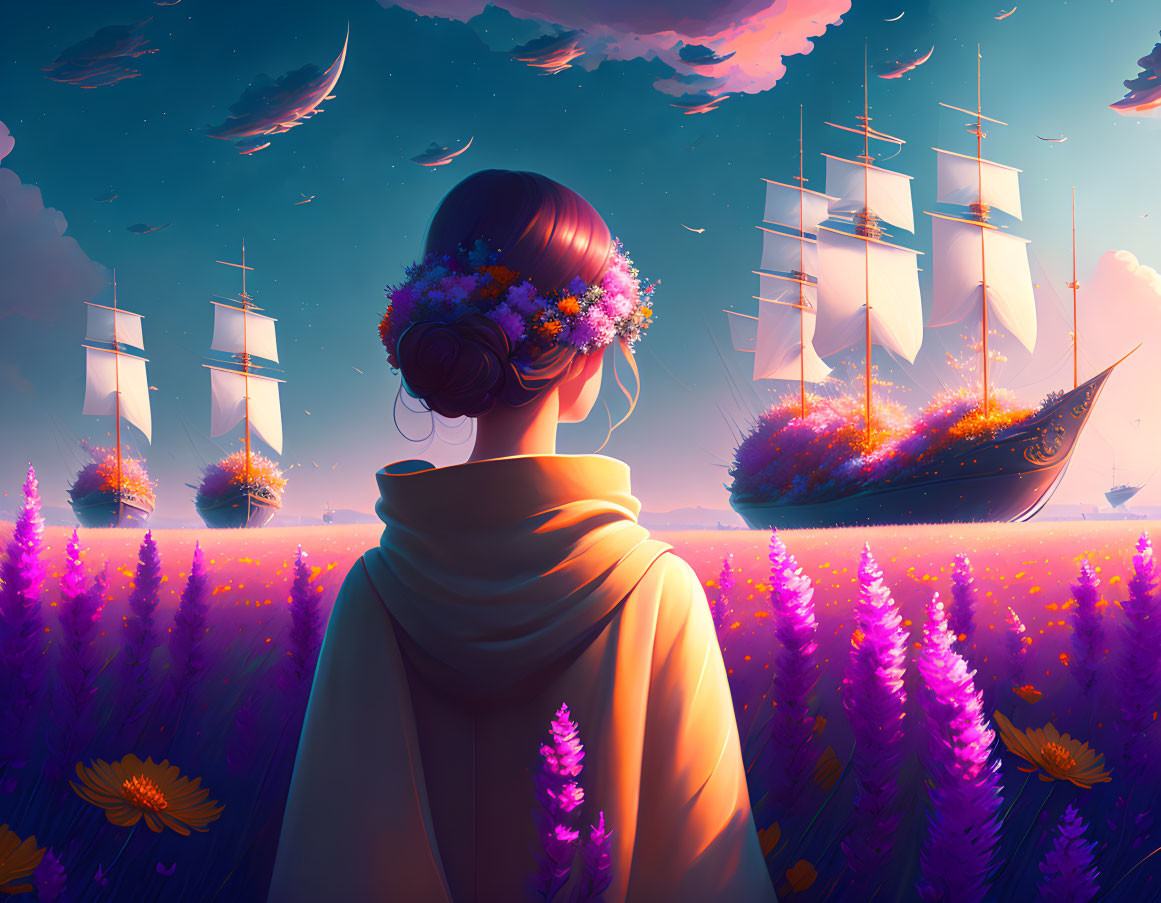 Woman with floral wreath gazes at ships in surreal sky scene