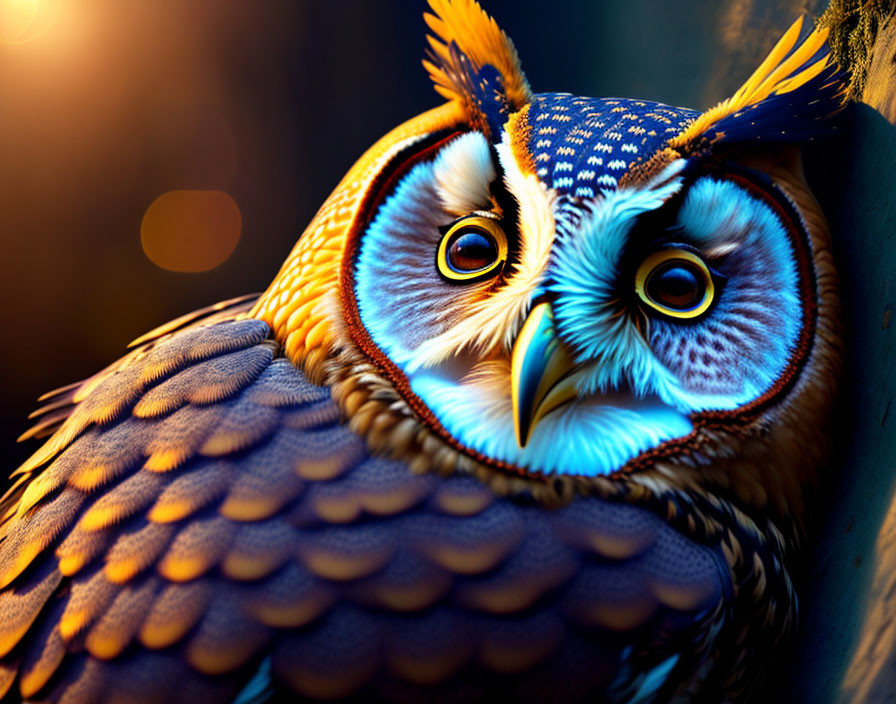 Colorful Stylized Owl Illustration with Intricate Feathers and Amber Eyes