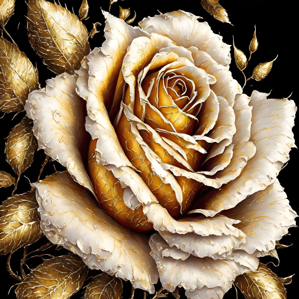 Luxurious gold and white rose digital art on black background