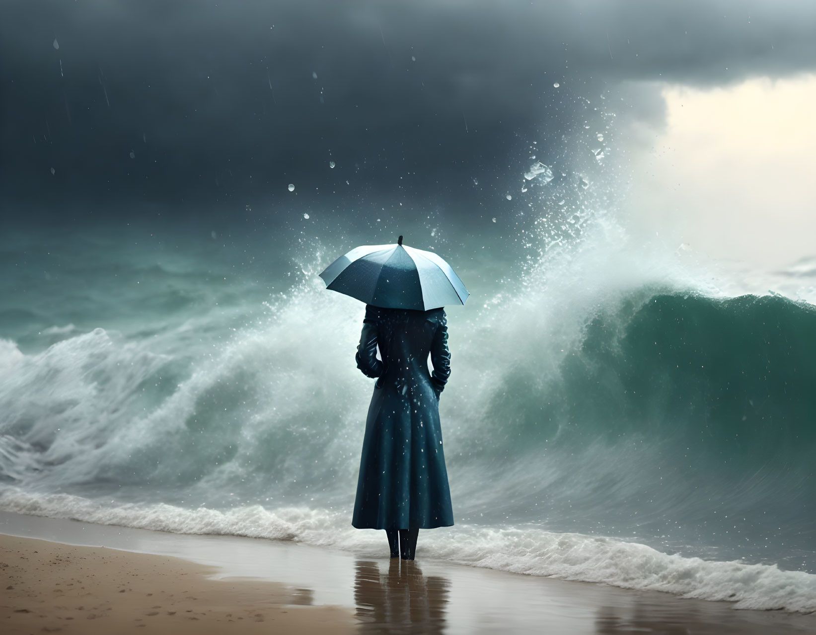 Person in dark coat with umbrella on beach facing stormy sea waves