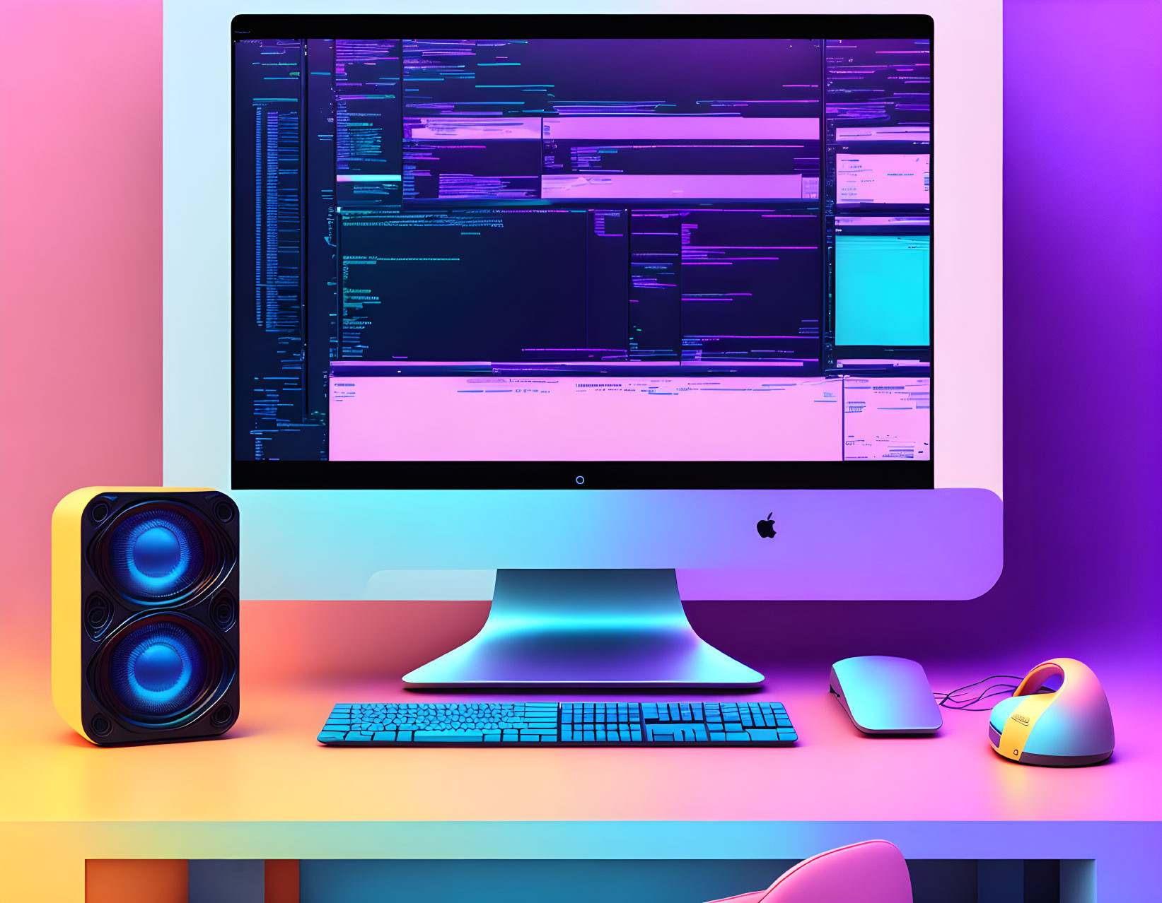 Modern workspace with computer coding, speaker, and colorful backlight.