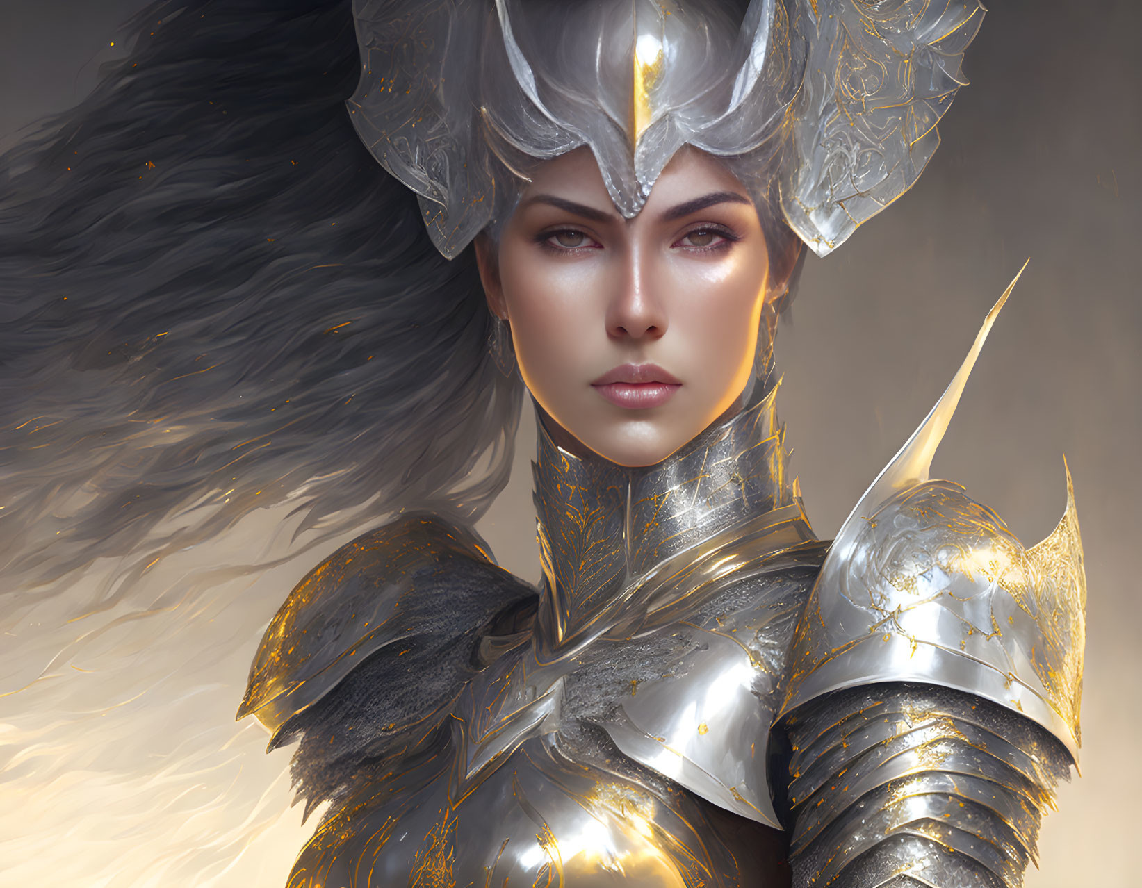 Digital artwork of a woman in ornate silver armor with flowing dark mane