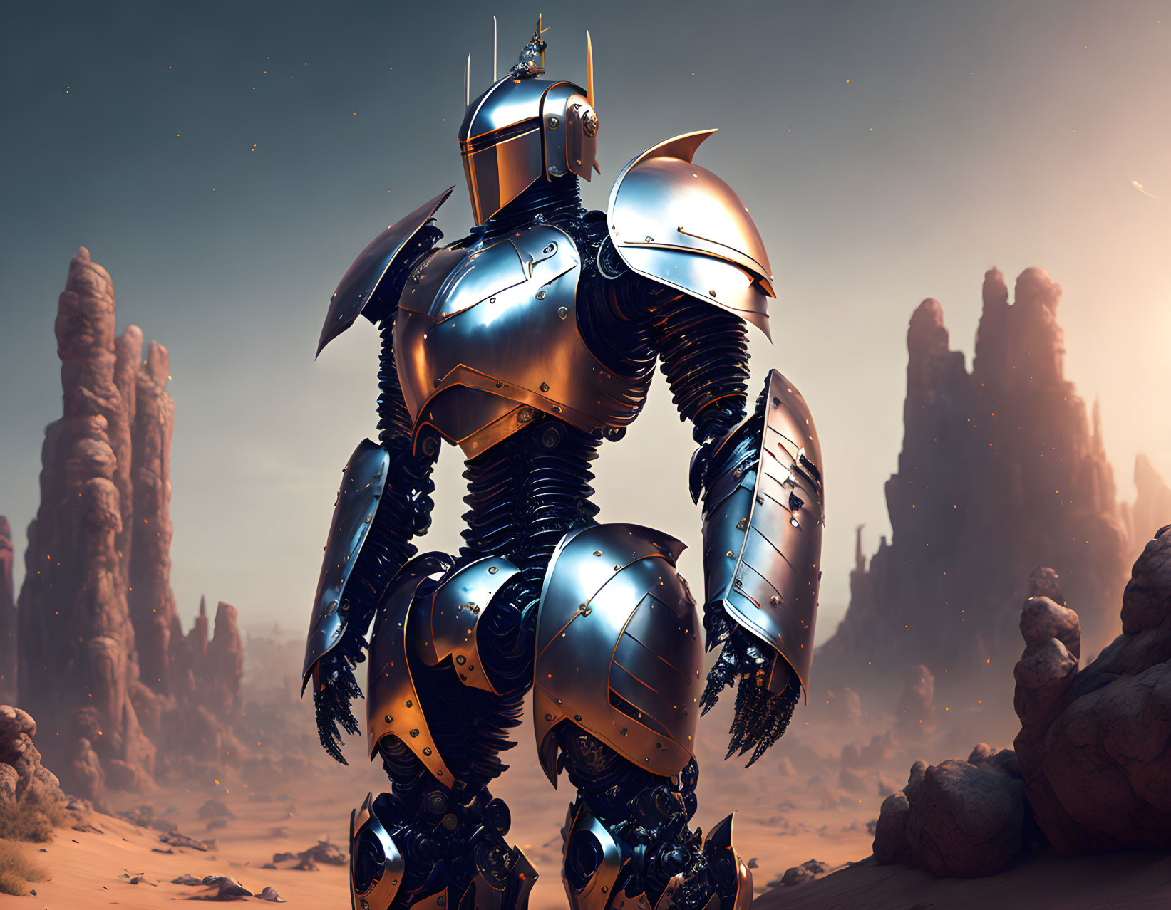 Shiny armored knight robot in desert with rock formations under starry sky