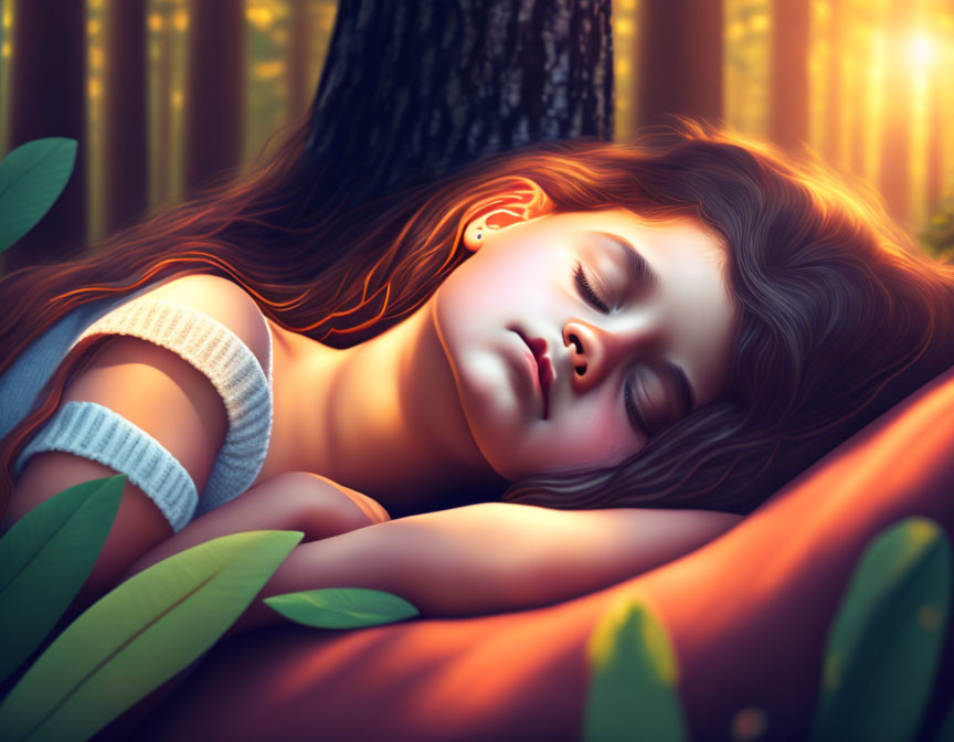 Young girl sleeping against tree in magical forest.