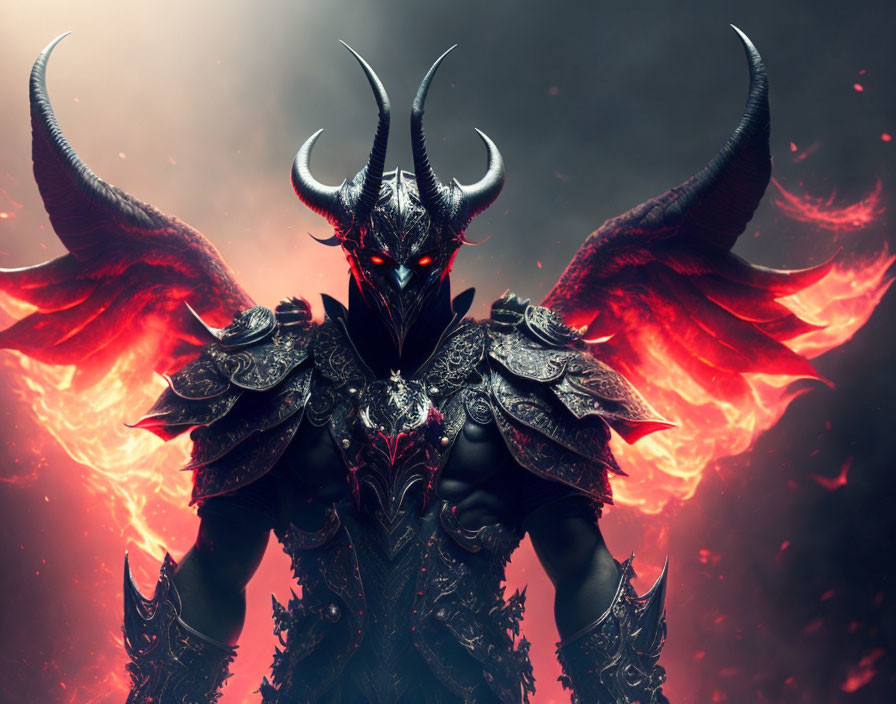 Dark armored figure with wing-like structures and fiery glow in background.