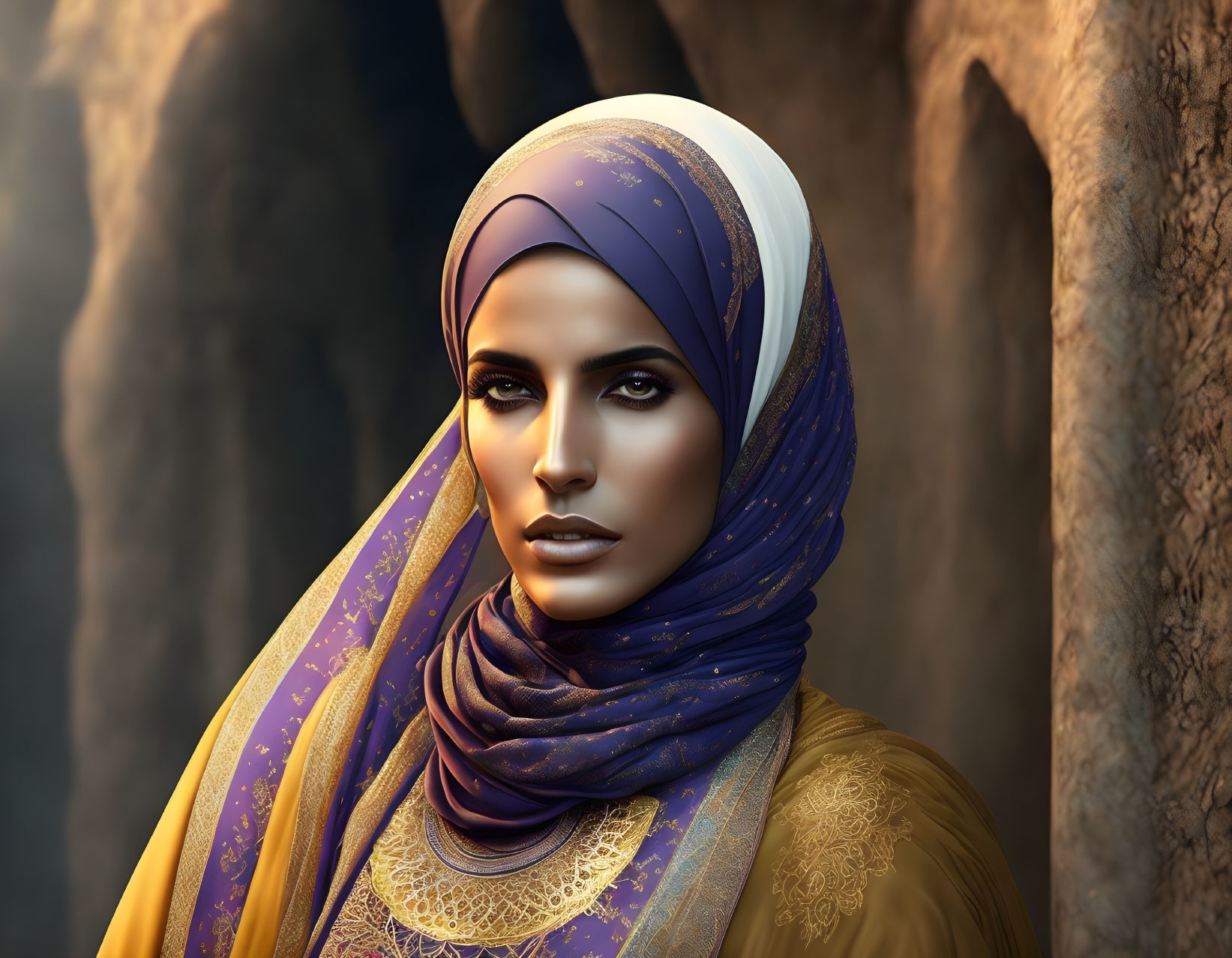 Digital art portrait of woman in purple hijab against rocky backdrop