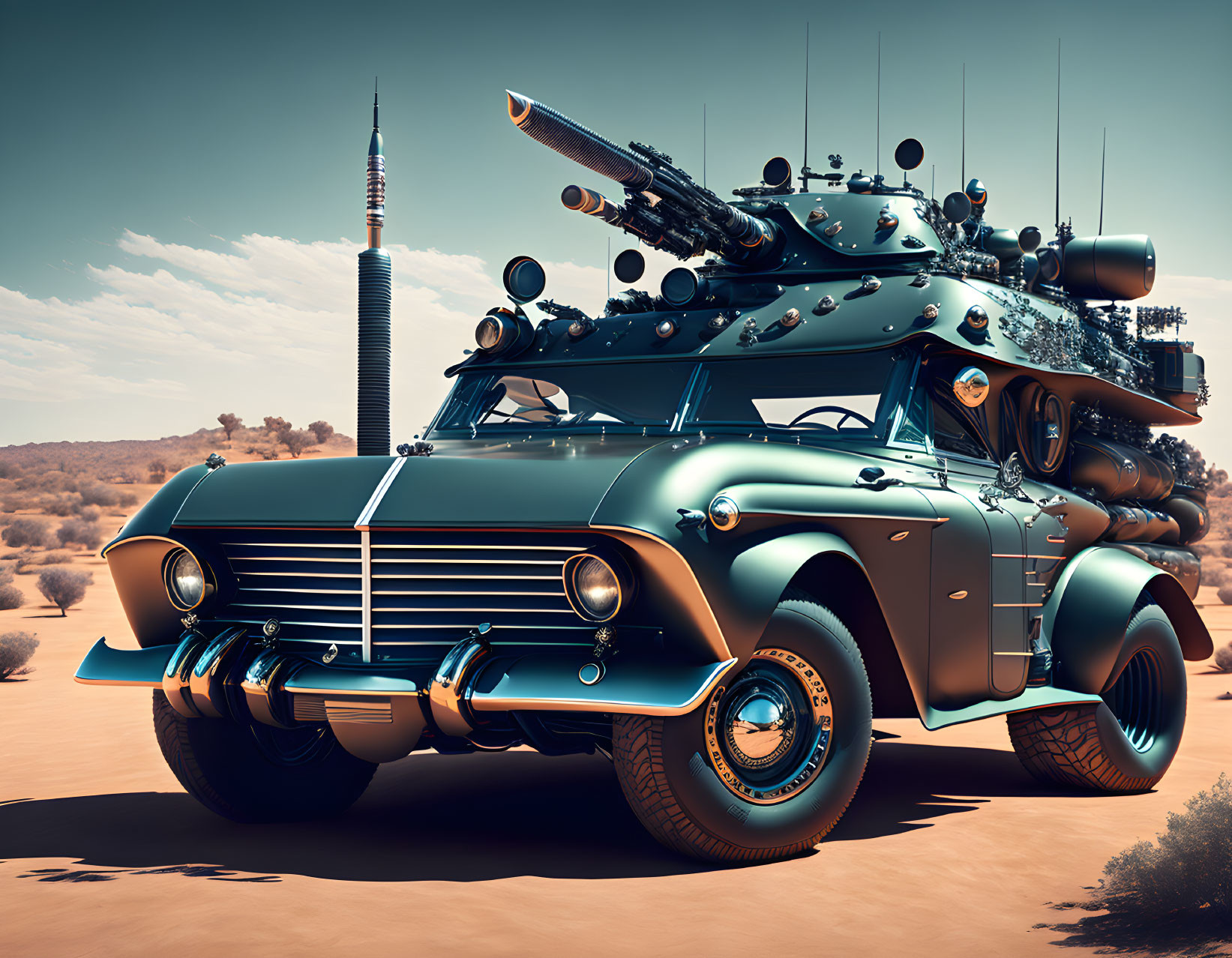 Modified vintage car with futuristic weapons in desert near tower