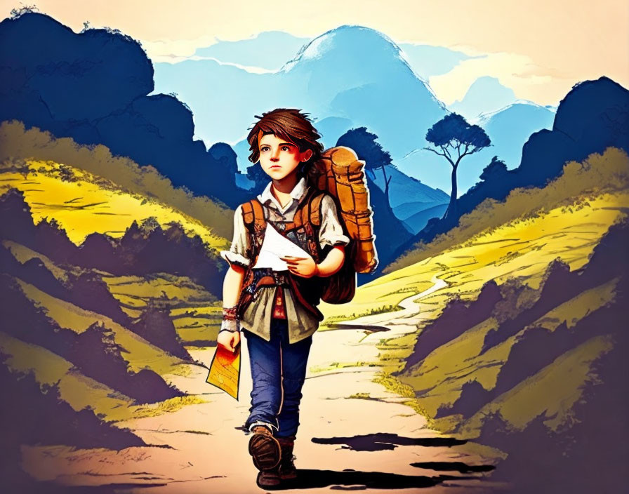 Young adventurer with backpack and map at fork in scenic path under colorful sky