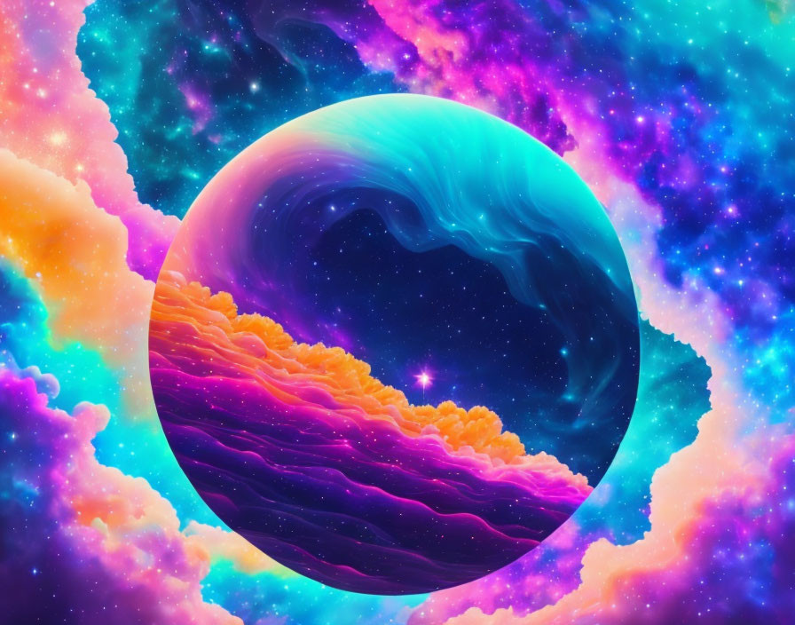 Colorful Digital Artwork: Surreal Landscape in Circular Frame