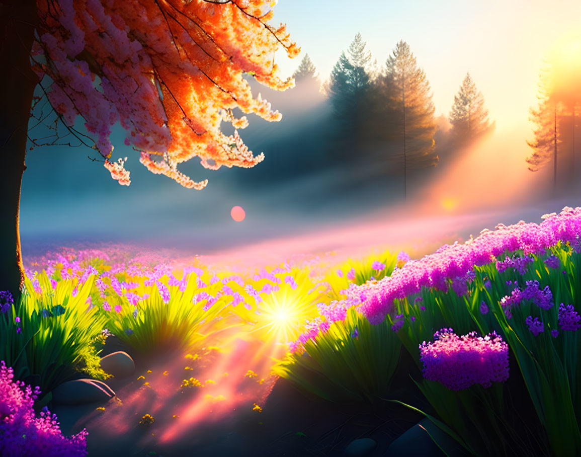 Colorful digital artwork of mystical forest scene with cherry blossoms, purple flowers, sunbeams,