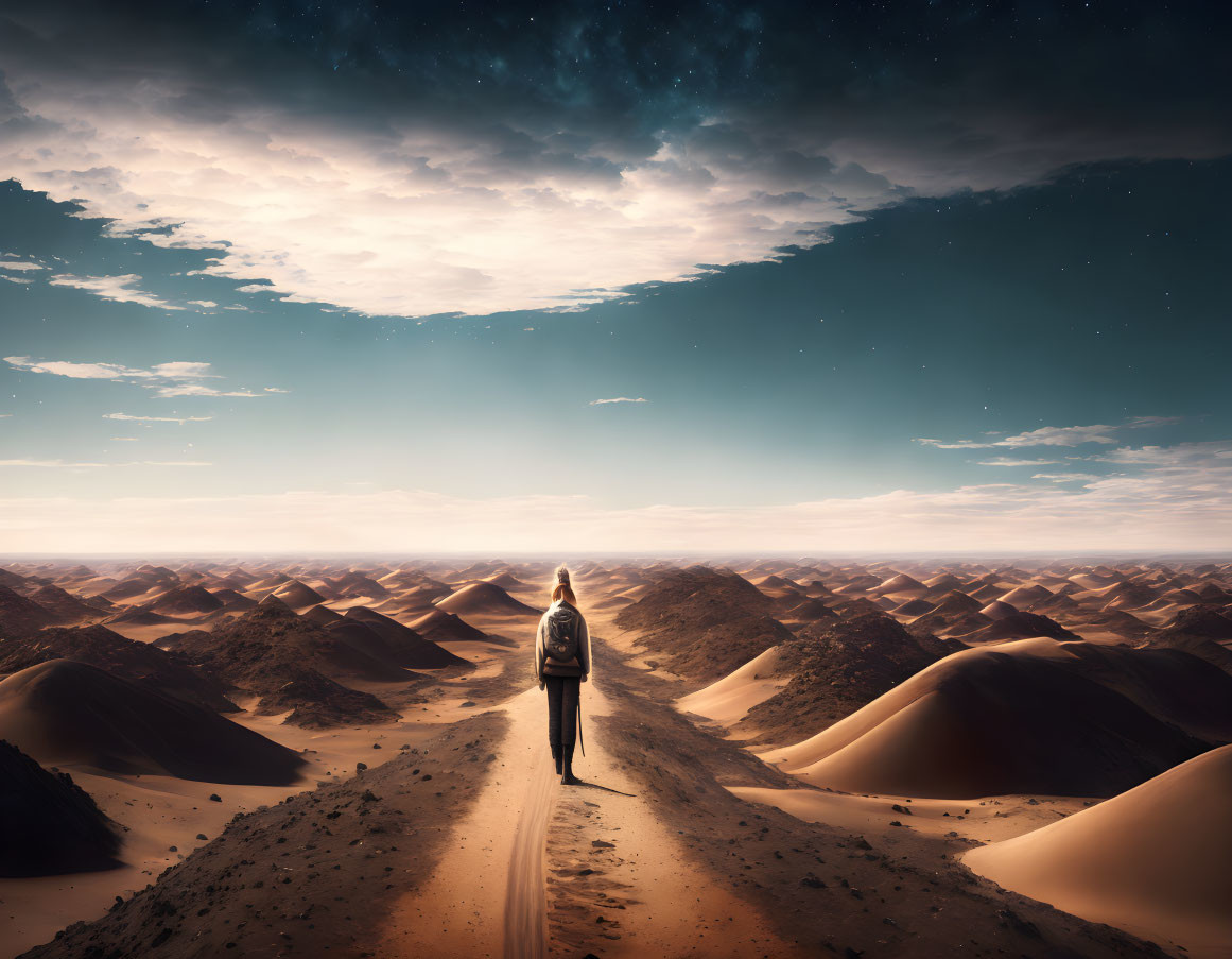 Lonely figure strolls desert dunes under starry night sky