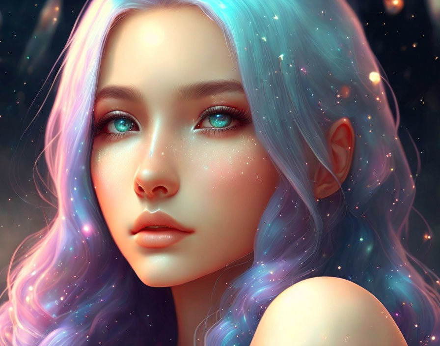 Multicolored Hair Girl with Galaxy Theme on Dark Background