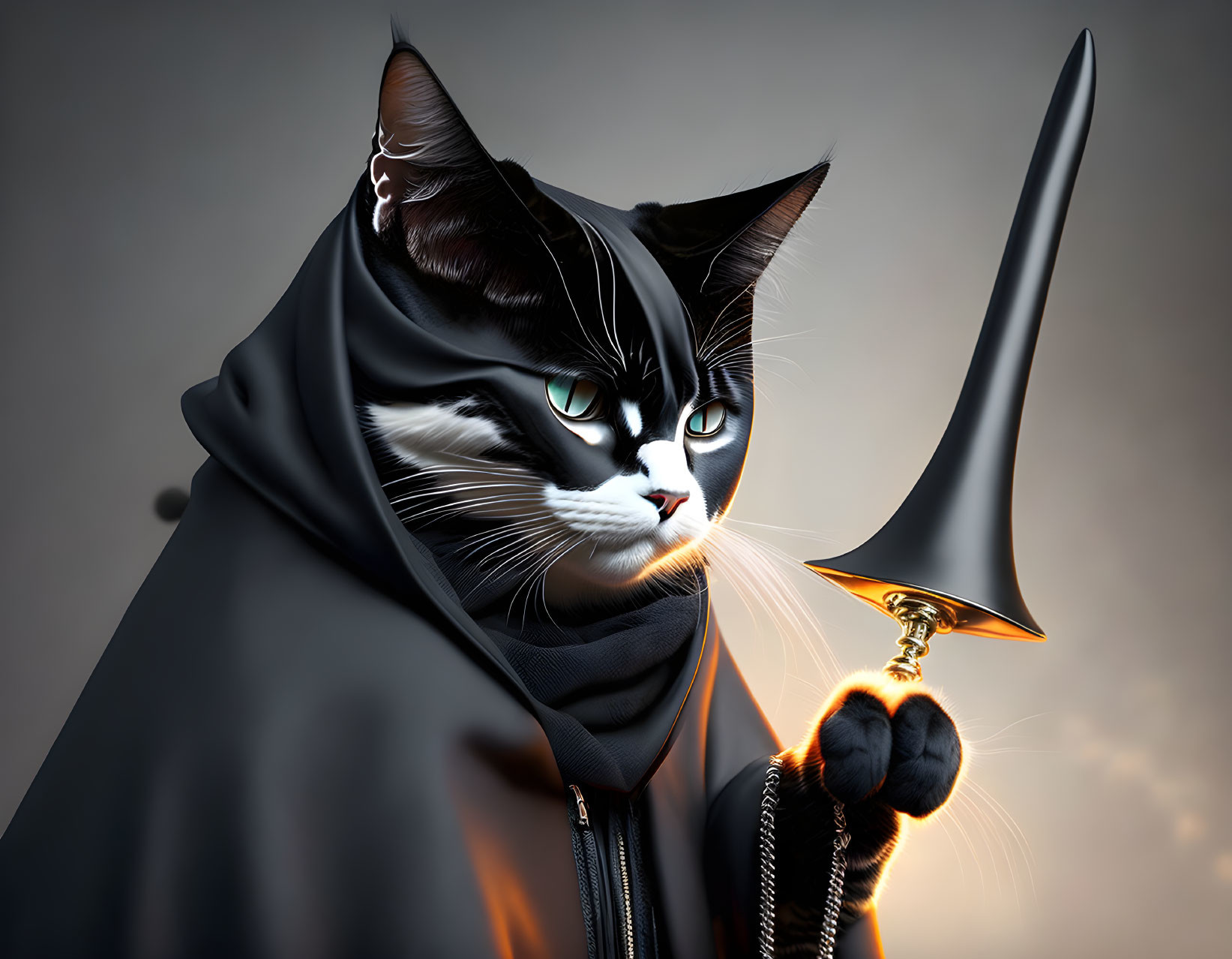 Black and White Cat with Blue Eyes in Cloak Holding Golden Sword