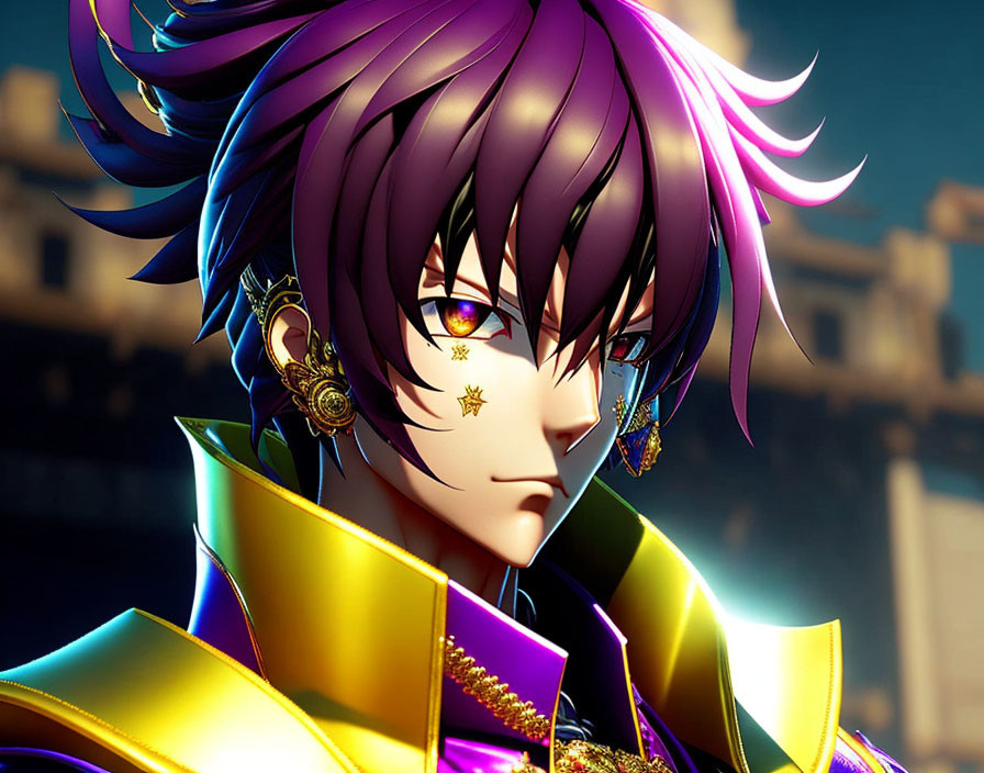 Anime character with purple hair, golden eyes, and ornate armor