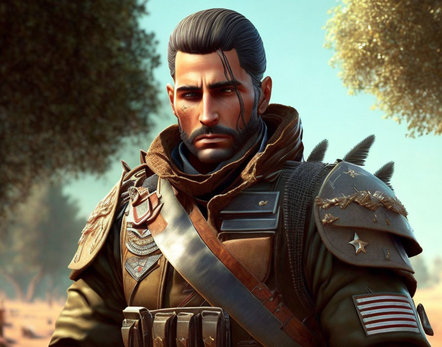 Male character with slicked-back hair in military-style jacket against blurred backdrop