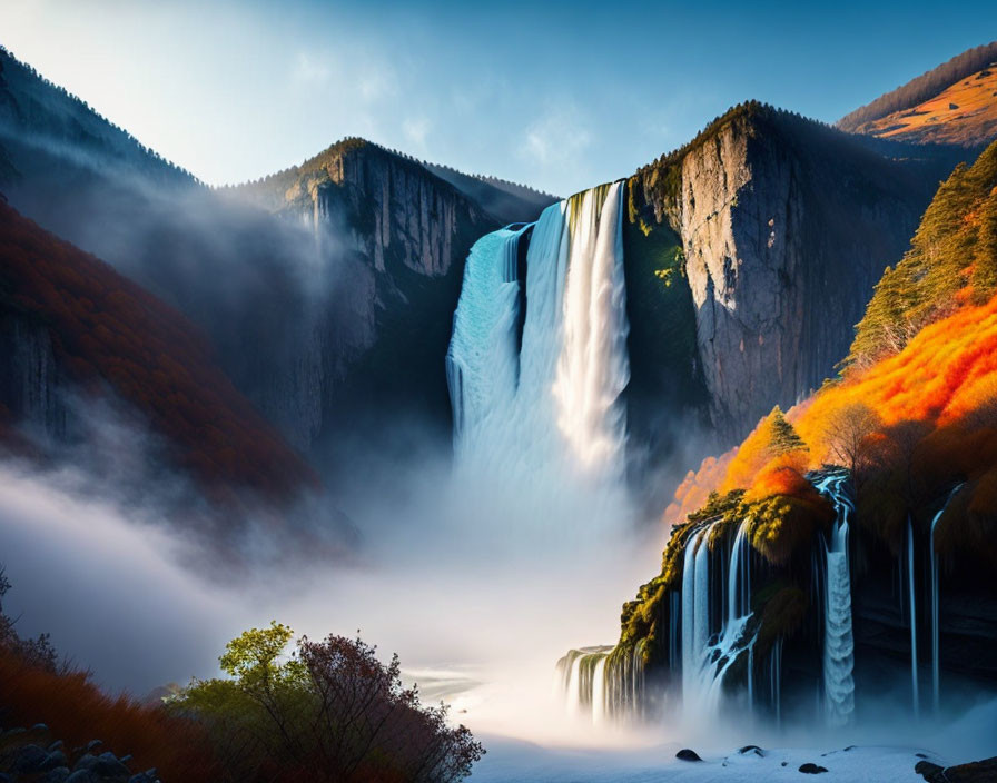 Autumn waterfall cascading through forested cliffs in serene dusk