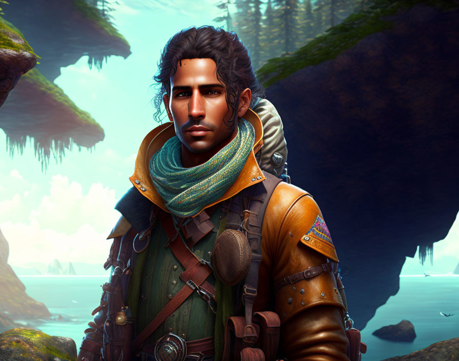 Male adventurer with curly hair in vivid scarf and leather armor in mystical forest.