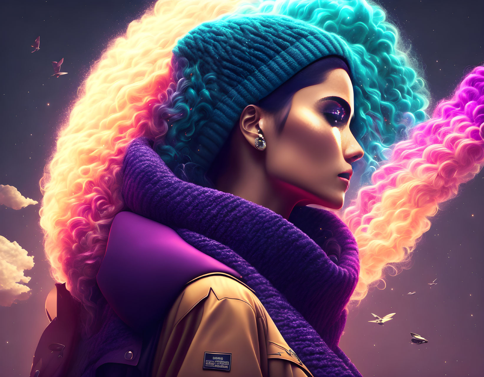 Vibrant multicolored hair woman portrait in turban against cosmic sky