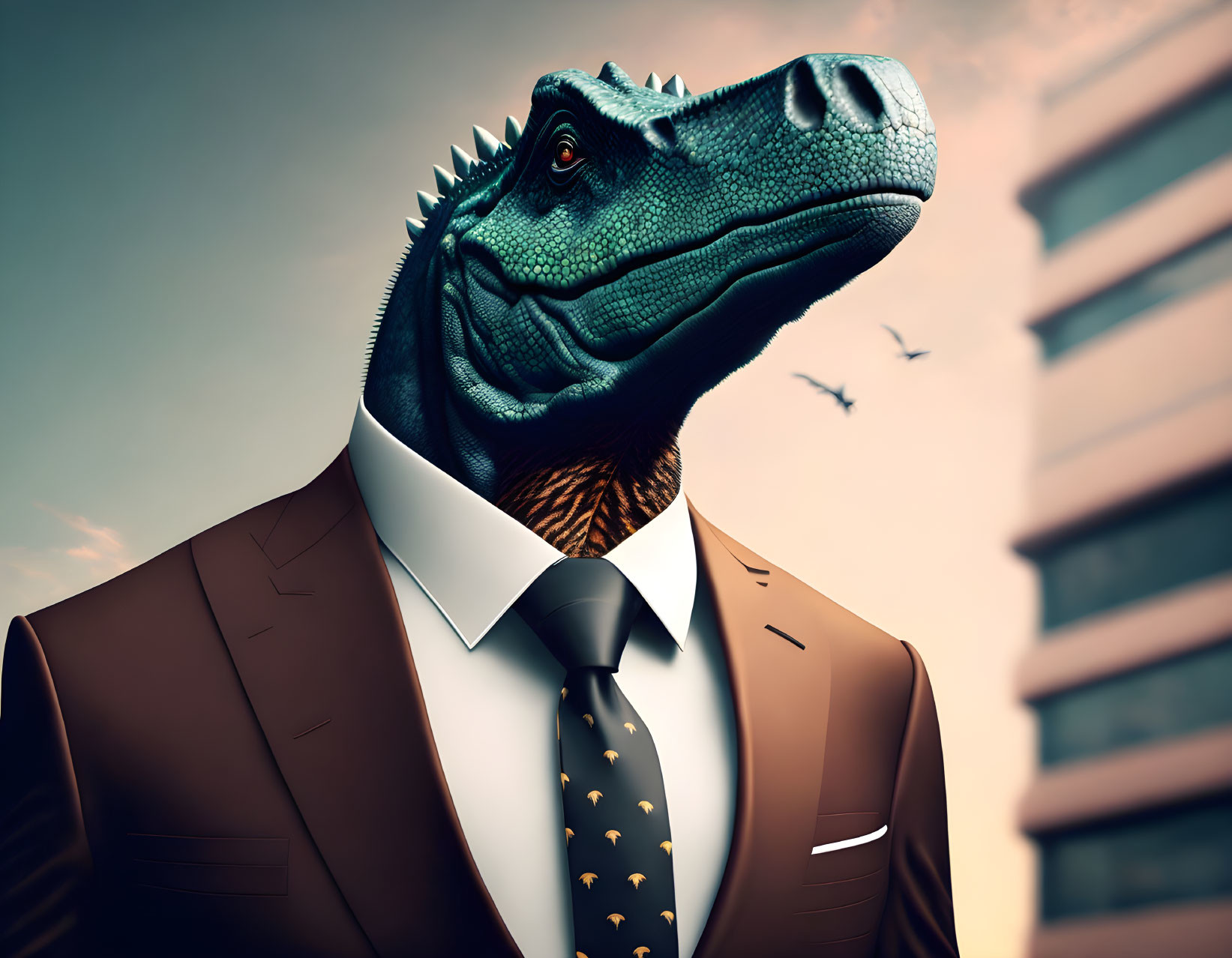 Dinosaur in Business Suit with Skyline Background