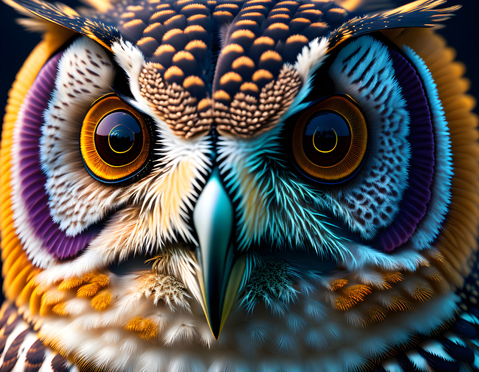 Colorful Owl Digital Artwork with Intricate Patterns and Striking Gaze