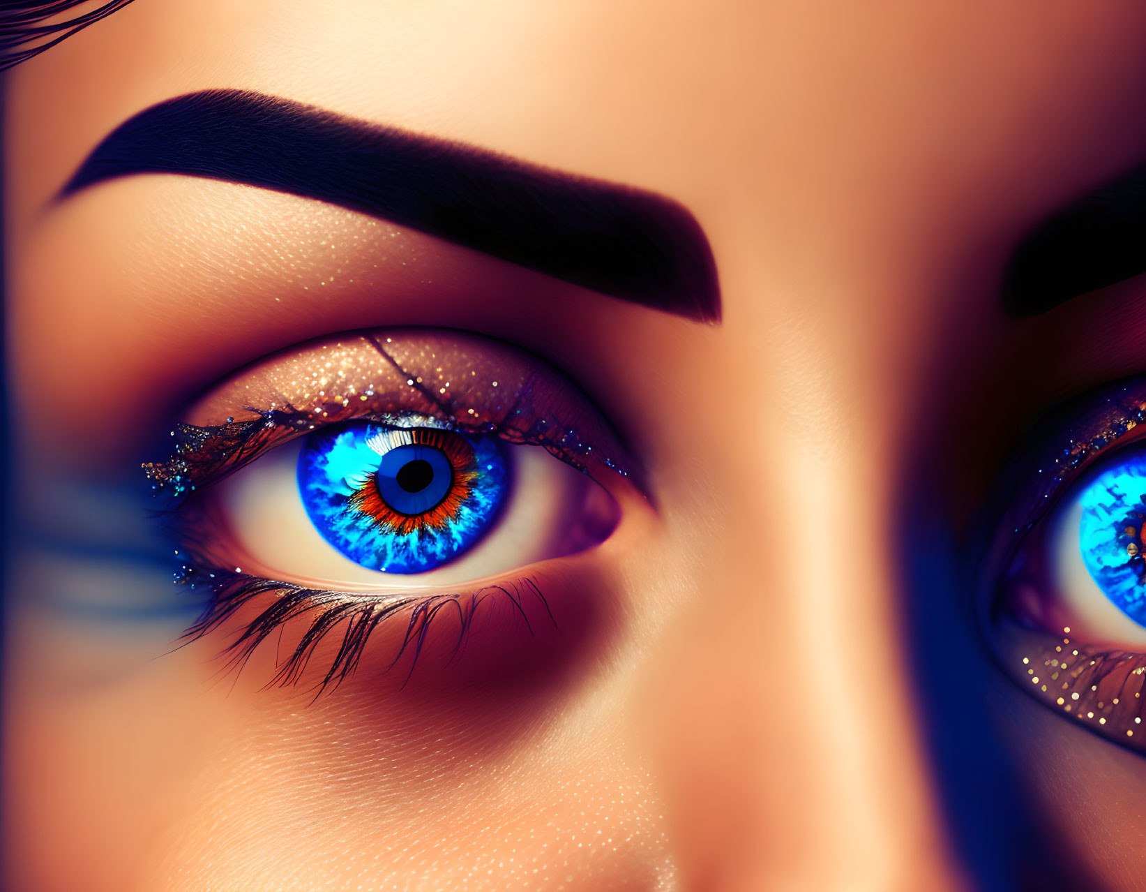 Detailed makeup on vivid blue eyes against warm-toned backdrop