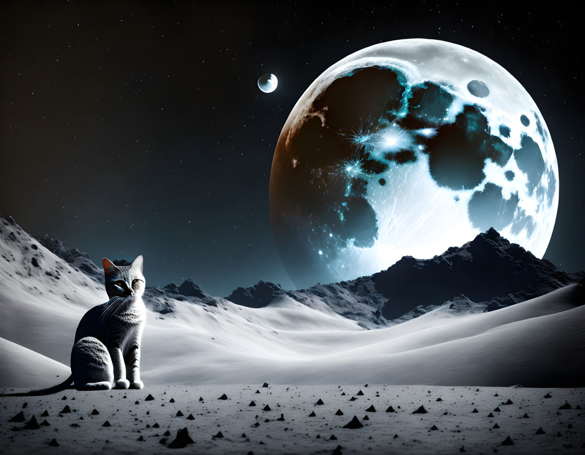 Cat on moonlit rocky landscape with large moon and starry sky