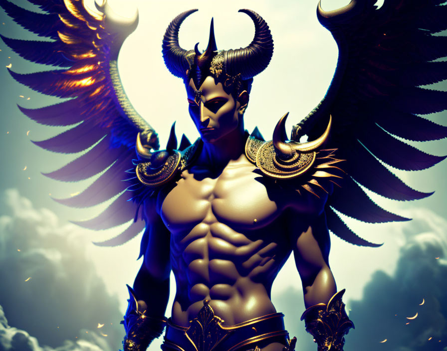 Majestic fantasy figure with wings and horns in gold armlets against dramatic sky