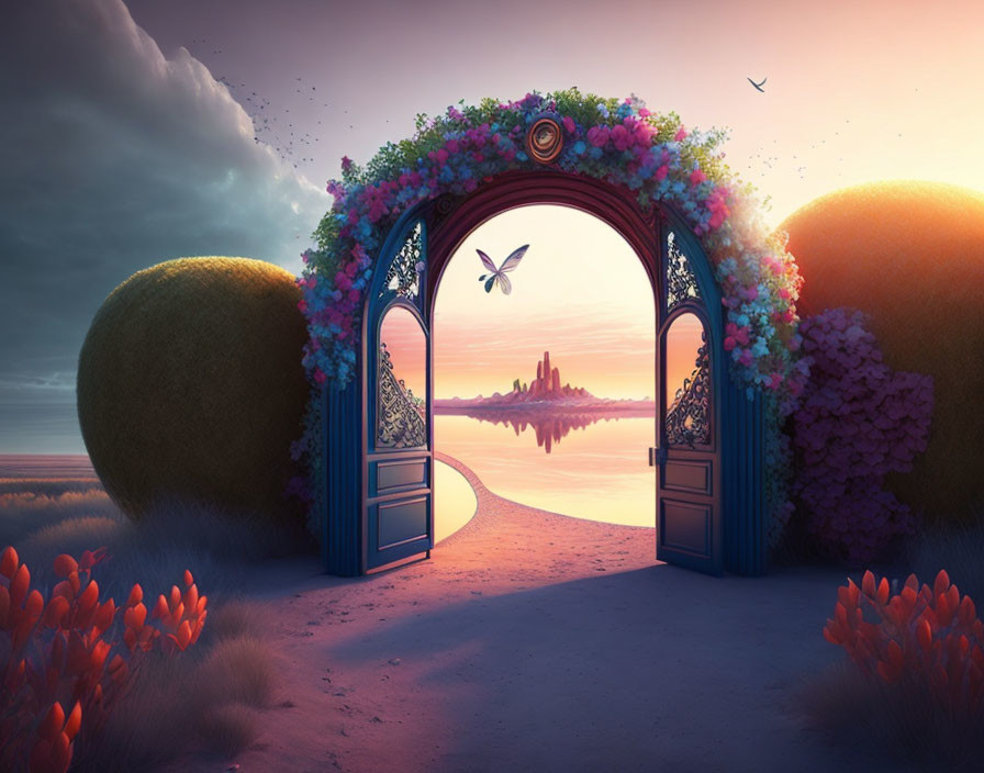 Ornate Flowery Arch Gate Leading to Sunset Castle View