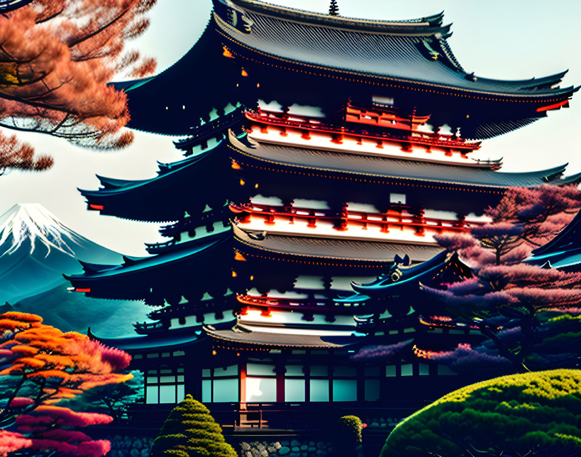 Traditional Japanese pagoda with red accents against Mount Fuji and colorful foliage