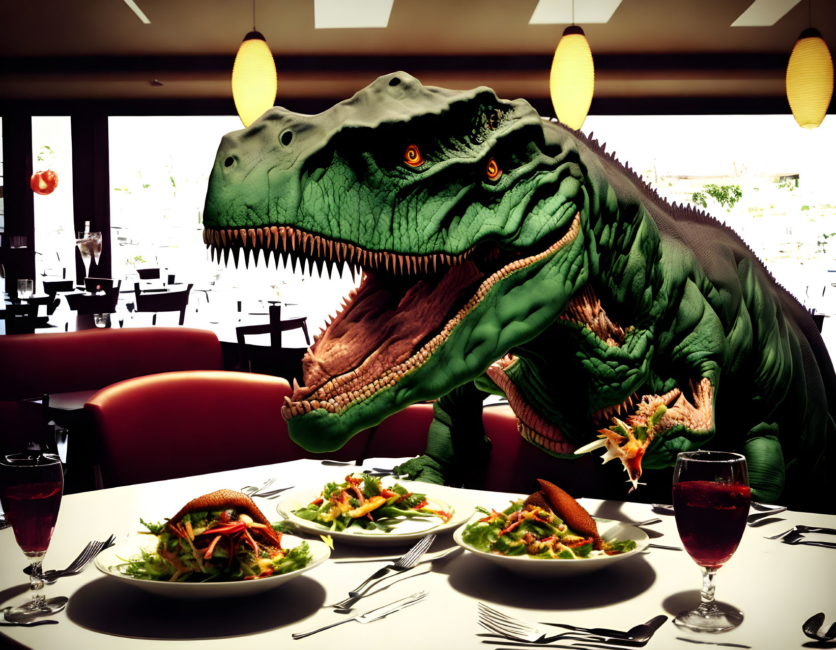 Realistic CGI Tyrannosaurus Rex heads behind restaurant table with salads and drinks