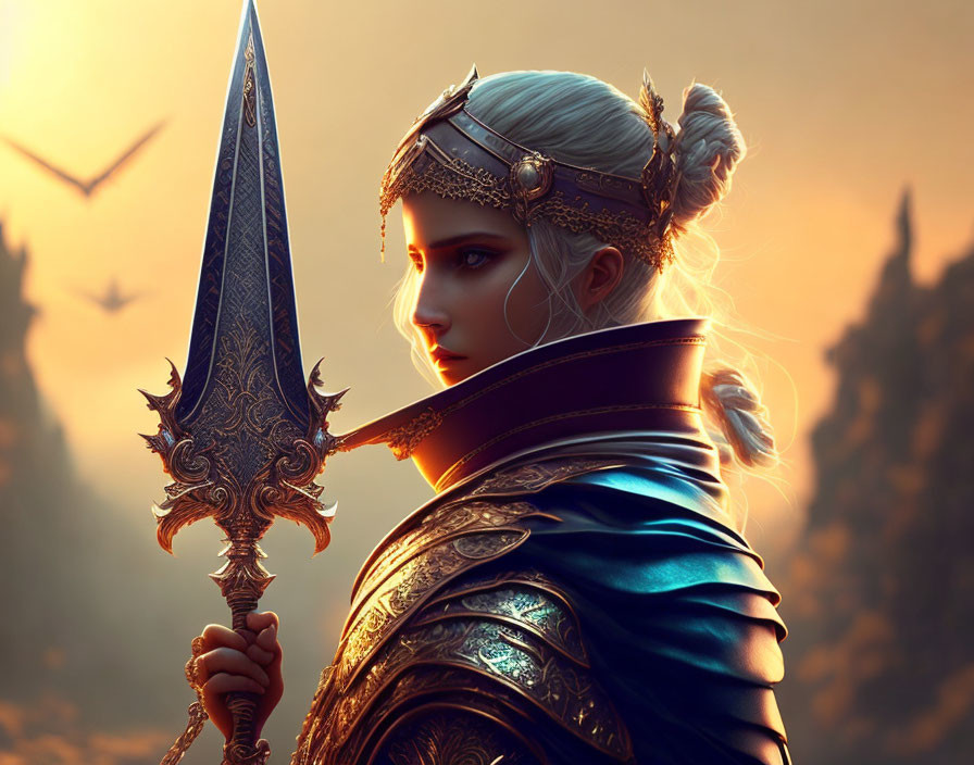 Fantasy warrior woman in ornate armor with spear, sunset and birds.